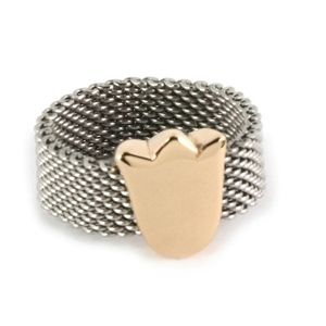 Tous 18k Gold & Stainless Tulip Charm Mesh Flex Band Ring Size 10